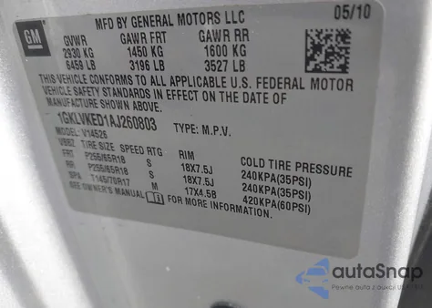 2010 GMC Acadia Sl z USA, uszkodzony, nr VIN 1GKLVKED1AJ260803